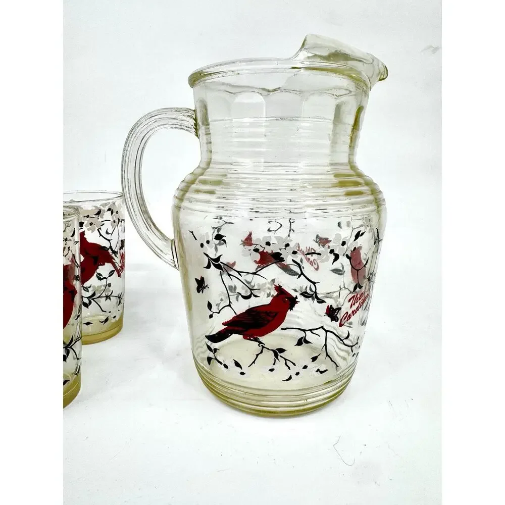Vintage Hazel Atlas Pitcher Set Cardinal and Dogwood Pitcher and 5 Glasses